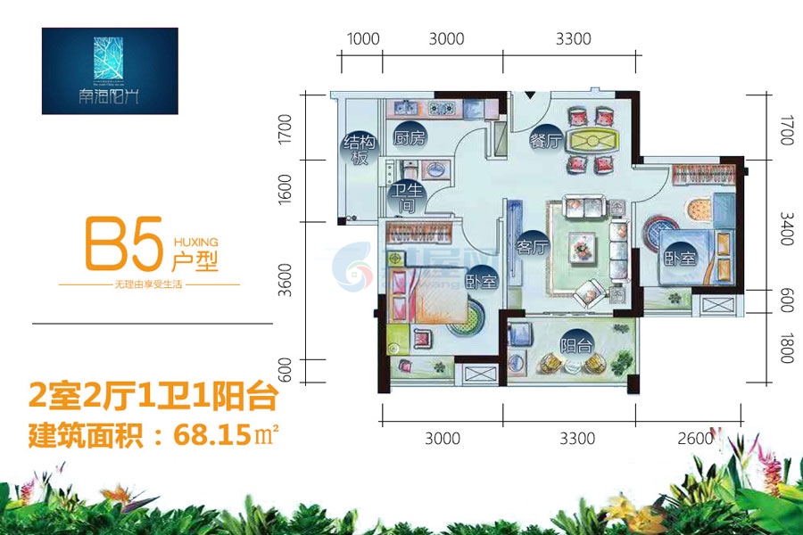 B5户型-建面约68.15平-两室两厅一卫